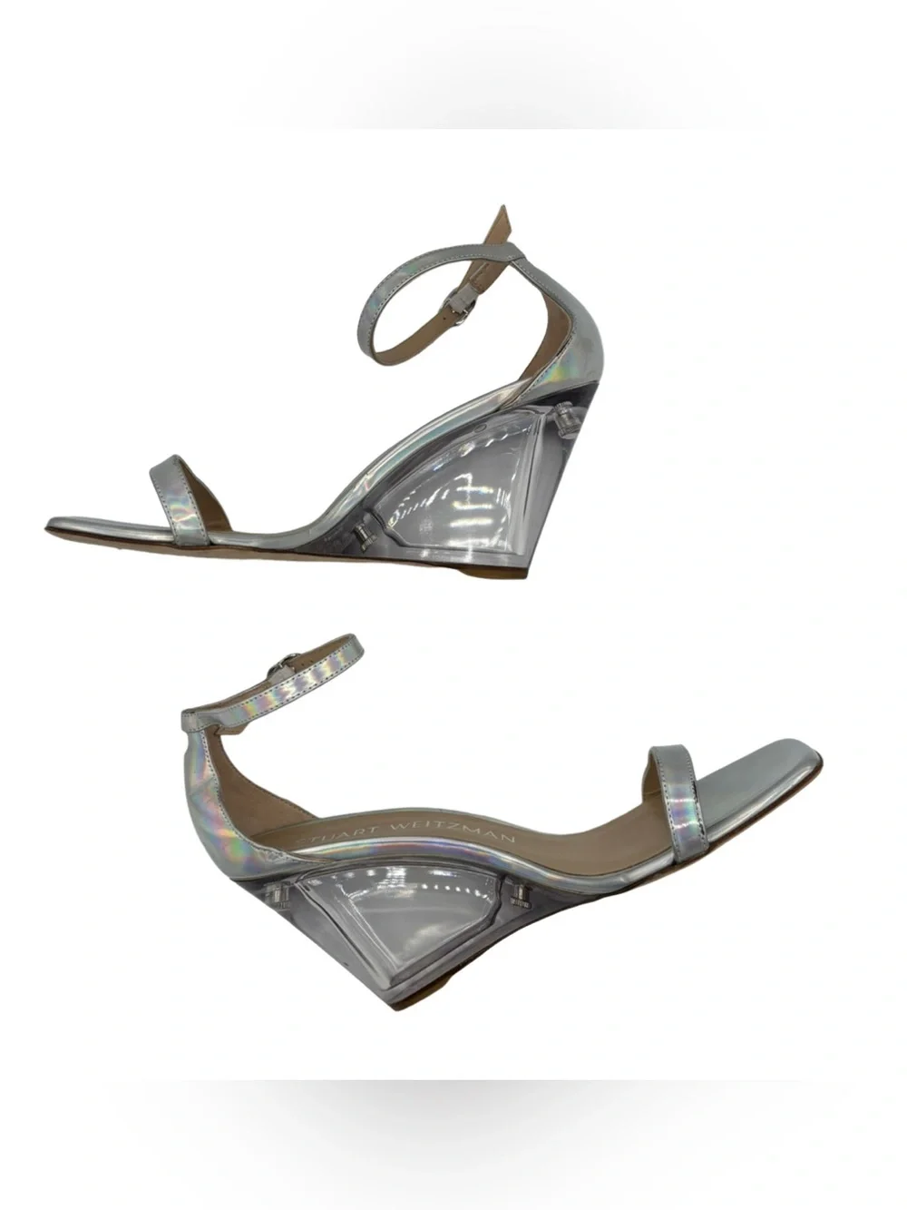 NWOB Stuart Weitzman Silver Holographic Nudist Lucite Wedge Sandal - Sz 9 - Picture 4 of 7
